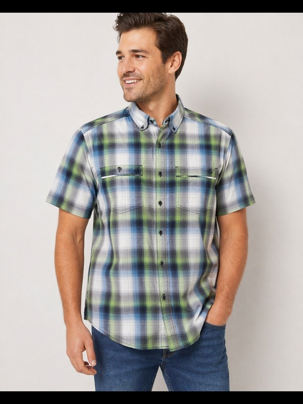 Wolverine Plaid Short Sleeve Button Down Shirt Men’s Large Navy Green Blue